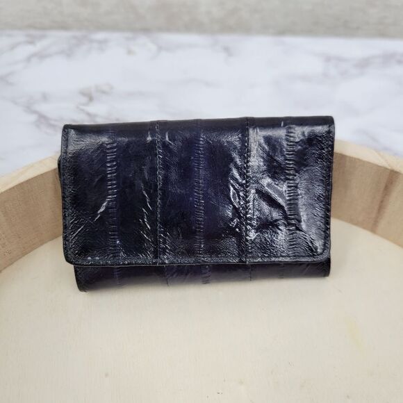 Vintage Navy Blue EEL Skin Leather Mini Wallet Key Holder - Picture 1 of 15